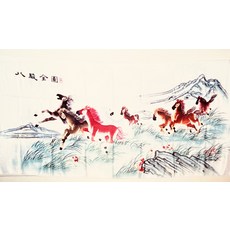 八駿圖刺繡掛畫, 白底繡線, 1件