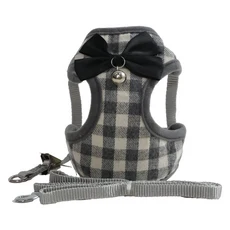 반려동물 체크 스트라이프 하네스 리드줄 세트, 1세트, 그레이