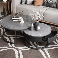 現代簡約圓形巖闆茶幾，小戶型客廳創意石材玻璃組閤茶桌，多功能圓形茶几, 70鋼化玻璃+50雪山白-白抽屜黑腳, 1個