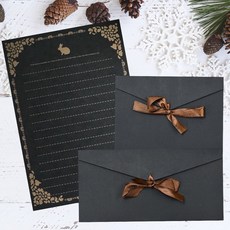 緞帶蝴蝶結復古牛皮信封 邱比特射箭愛心簡約高級信紙, 1個, 黑色信紙/黑色信封