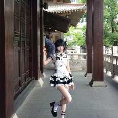 文藝復古新中式熊貓印花盤扣T恤女僕圍裙蛋糕半身裙三件套裝, 1個, 熊貓三件套,小碼（70-90斤）