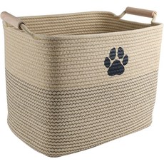 Brabtod 대형 면 로프 강아지 장난감 바구니 애견 용품 정리함 우드 핸들 수납함 거실용 중형 장난감담요옷 보관용 직조 - L13.7W10.2H11 카키, Khaki