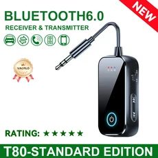 새롭게 업그레이드된 Bluetooth 6.0 자동차 오디오 수신기/송신기 3.5mm AUX 인터페이스 Hi-Fi 스테레오 음악 항공기 무선 어댑터 HD 마이크 포함, BT6.0, BT6.0, BT6.0