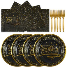 72PCS 생일 축하 접시 및 냅킨 파티 용품 블랙 골드 도트 종이 포크가 포함된 장식용 일회용 식기 세트 24개 제공, Iridescent Silver, 7IN-72