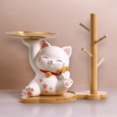 鑰匙收納架 玄關桌面收納擺件 多功能鑰匙架 收納盤 客廳裝飾 交換禮物推薦, 1個, 金幣貓+木架