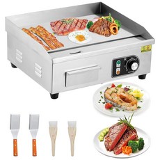 14인치 상업용 전기 그릴 1500W 조리대 논스틱 플레이트 110V 테판야키 플랫 스테인리스 스틸 조절 가능 온도 122°F-572°F플러그 포함, silver, 14-Inch