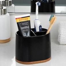 DAILY RITMO® 대나무 베이스가 있는 욕실용 대형 블랙 칫솔 홀더 | 현대적인 3개의 슬롯 칸 화이트 세라믹 대리석 같은 치약 컵 전기 및 어린이 칫솔용 186614