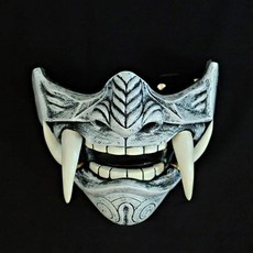 【開發票/統編】萬聖節面具 赤般若鬼面具 恐怖惡魔鬼面 獠牙嚇人面具 日系cosplay道具, 1個, 半臉塑料般若灰白