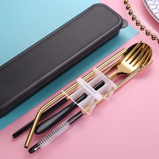 必入精選 304不銹鋼便攜餐具 環保餐具 筷子勺子叉子套裝 不鏽鋼餐具 餐具組 餐具三件套 餐具四件套, 韓式黑金, 1個