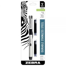 Zebra Pen V-301 만년필 스테인리스 스틸 배럴 파인 포인트 0.7mm 블랙 잉크 리필 포함 1팩 (48111), Zebra Pen V-301 만년필, 스테인리스 스틸