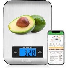 아탈러 스마트 푸드 저울 1g 해상도 최대 5kg 11Ibs 스테인리스 요리 베이킹 식사 준비를 위한 영양 계산기 스마트폰 앱 26가지 영양소 추적 기능이 있는 디지털 주 Grey, 1세트, KS-2099