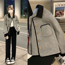 灰色短款復古設計感長袖外套女秋冬季