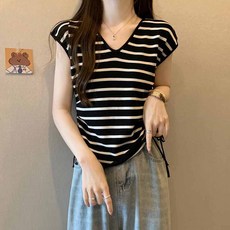 임산부 수유 반팔티 데일리 여성 여름 스트라이프 브이넥 수유복 대형 캐주얼 무소매 편안한 매치 JXH