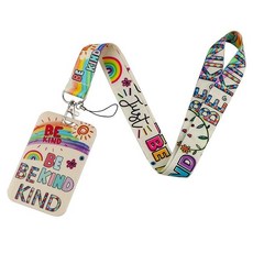 BKBKAAK ID 카드 배지 홀더가 있는 자폐증 랜야드 실키 넥 랜야드가 있는 블랙 플라스틱 이름표 홀더 어린이 여성 교사를 위한 Cool Be Kind 무지개 키체인, 쿠터레인보우