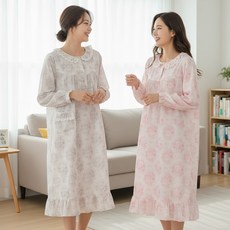 [보슈아] 여성 긴팔 원피스 홈웨어 아사면 뜨왈패턴 국내산