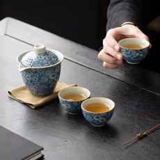 青花陶瓷旅行茶具組 一壺三杯附收納包, 1個, 青花一壺三杯（安全包裝）