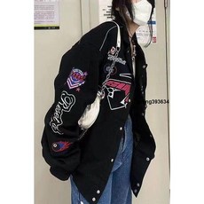 美式復古賽車服棒球服女外套，春秋新款寬鬆印花百搭夾克機車風