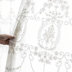 Sarah Haus 復古刺繡蕾絲窗簾 掛鉤式, 白色