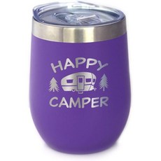 행복한 캠퍼 와인 텀블러 슬라이딩 뚜껑 포함 스테인리스 스틸 단열 컵 귀여운 야외 캠핑 머그 검정색, Purple, Purple