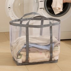 이지몰 대용량 메쉬 빨래 바구니 손잡이 세탁 햄퍼, 그레이