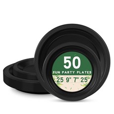 LANLISA 파티용 빨간색 플라스틱 접시 50개 63.5-22.9cm(25-9인치) 및 63.5-17.8cm(25-7인치) 일회용 케이크 디저트 생일 발렌타인데이 졸업식, Black