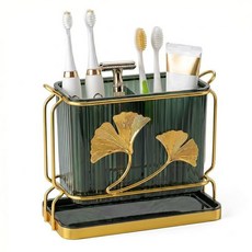 2-Compartment Toothbrush Holder for Bathroom Kitchen Utensil Holder with Drainage Holes & Removab, Green