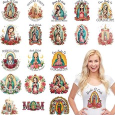 MOIZYNG 20장 성모 마리아 아이언 온 트랜스퍼 티셔츠용 과달루페 성모 꽃무늬 DTF 트랜스퍼 프레스 준비 완료 열 전달 비닐 의류 가방 베개 커버 DIY 공예용 다림, 다채로운 색상, 다채로운 색상