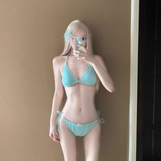 泳衣女性感純欲顯白黃色小胸分體三點式綁帶比基尼泳衣泡溫泉度假, L