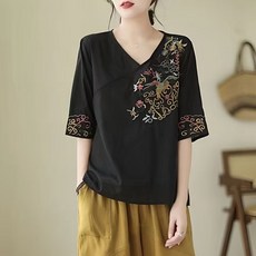 AURALA 여성 면 마 셔츠 여름 빈티지 에스닉한 V넥 자수 패션 캐주얼 상의 데일리 한복