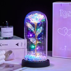 위어라 금박 로즈 유리 돔 - 24K 고급 실크 장미 단일 부케 여자친구/아내 생일/기념일/발렌타인데이 감성 선물, 검정색 배경의 색색의 폼 조각 (선물 상자 포함) [색