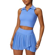 여성용 2피스 테니스 드레스 플리츠 스커트 민소매 레이서백 패딩 크롭 탑 골프 운동복