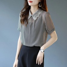 COSYEVNO 중년 여성용 레이스 카라 반팔 블라우스 시폰 천견 봄 여름 LFHxfs-1