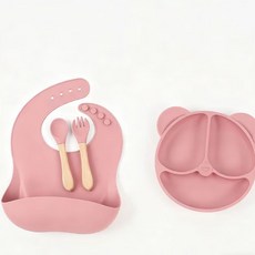 跨境6件套食品級硅膠兒童餐盤硅膠寶寶餐具硅膠餐盤吸盤式吸盤碗, 1個, 深粉色+4件套:如圖