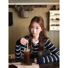 투니스 여성 배색 스트라이프 긴소매 니트 가디건