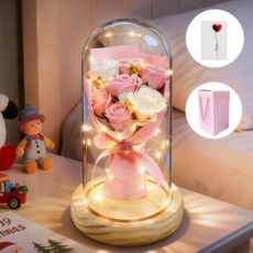 Folvia 유리돔 조화 장미 꽃다발 무드등 로즈데이 기념일 선물 미니카드 포함, 핑크