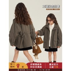 中大童高級感時髦短款風衣女童寬鬆休閒大口袋工裝外套兒童大衣秋