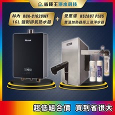 林內 RUA-C1628WF 16L 強制排氣熱水器搭配愛惠浦 HS288T PLUS 雙溫加熱器與 4H2 三道淨水器組合，提供全家安心用水。