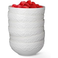 Artena 아르테나 세라믹 시리얼 그릇 26온스 엠보먼트 수프 6개 세트 주방용 화이트 샐러드 아침 식사용 6인치 디너 오트밀 쌀 파스타 식기세척기 전자레인지 세이프 플로럴, Stripes