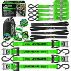 XSTRAP 표준 4PK 오토바이 래칫 스트랩 1인치 x 15피트 2200파운드 브레이크 강도 타이 다운 스트랩 안전 잠금 장치 S-훅 소프트 루프 스트랩 및 트럭 화물 이동용, Green