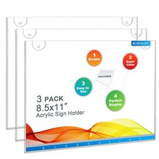 블루밸리 아크릴 간판 홀더 8 5 x 11 벽걸이 - 전단지 문서 메뉴 사진용 테이프 및 나사가 장착된 수직 투명 종이 디스플레이 사무실 가정 레스토랑 매장용 플라스틱, 3 Pack-Horizontal