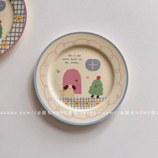 韓國可愛童趣插畫陶瓷餐具套裝葫蘆手握咖啡杯飯碗甜品碗早餐盤餐具沙拉碗湯麵碗飯碗餐碗, 小狗的家-圓盤/花邊, 1個