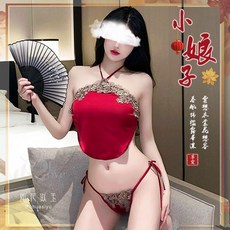 古典肚兜兩件組 金色繡花絲滑綁帶式