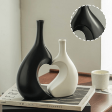 블랙 앤 화이트 하트 커플 세라믹 꽃병 세트 모던 러브 테마 홈 데코 장식품, Black