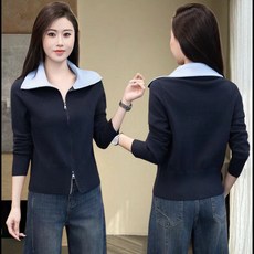 추동 터틀 배색 집업 스웨터 여성 루즈핏 니트 카디건 루즈핏 스웨터 코트 골프 가디건