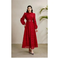 우아한 롱 랜턴 슬리브 드레스 하이 칼라 화려한 자수 꽃무늬 허리 조절 기장 여성 패션, 01 빨간색, 02 2XL