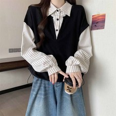 AOKADA 여성 레이어드 스트라이프 카라 셔츠 긴팔 맨투맨 티셔츠