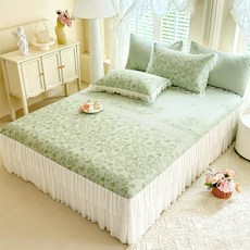 直销-床裙款冰豆豆提花凉席三件套可折叠可机洗空调冰丝软席, 凝膠注入記憶棉, 蝶舞-清新绿【床裙款】