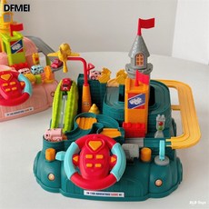 DFMEI 兒童玩具軌道車闖關大冒險趣味方向盤軌道樂園男孩女孩賽車停車場, 1個, 中文彩盒包裝+3車版：綠色:如圖