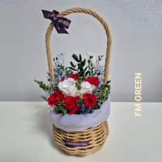 장미 꽃 생화 프리저브드 꽃바구니 프로포즈 꽃 생일 꽃다발, 흰색+빨강