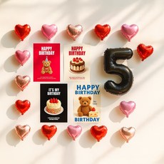 해피제이니 심플 이즈더 미니하트 20개 국산 생일포스터 숫자 호일풍선 생일 파티용품세트, 1세트, 레드 숫자5